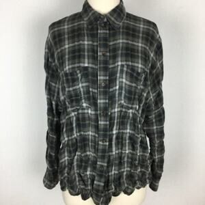 PIns & Needles Gray Green Gathered Plaid Button Down Top Sm